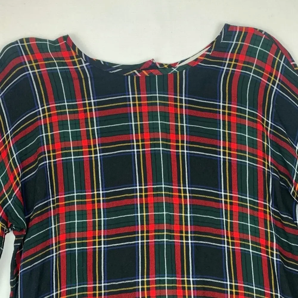 Loft size small red Plaid puff sleeve shirt button back holiday